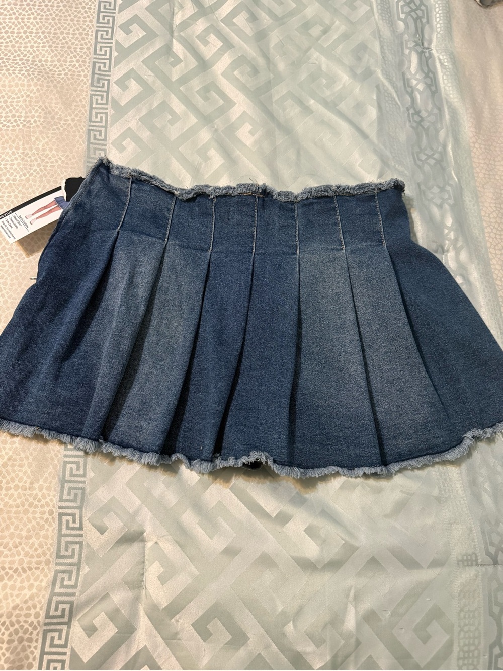 Denim Pleated Mini Skirt in Dark Blue